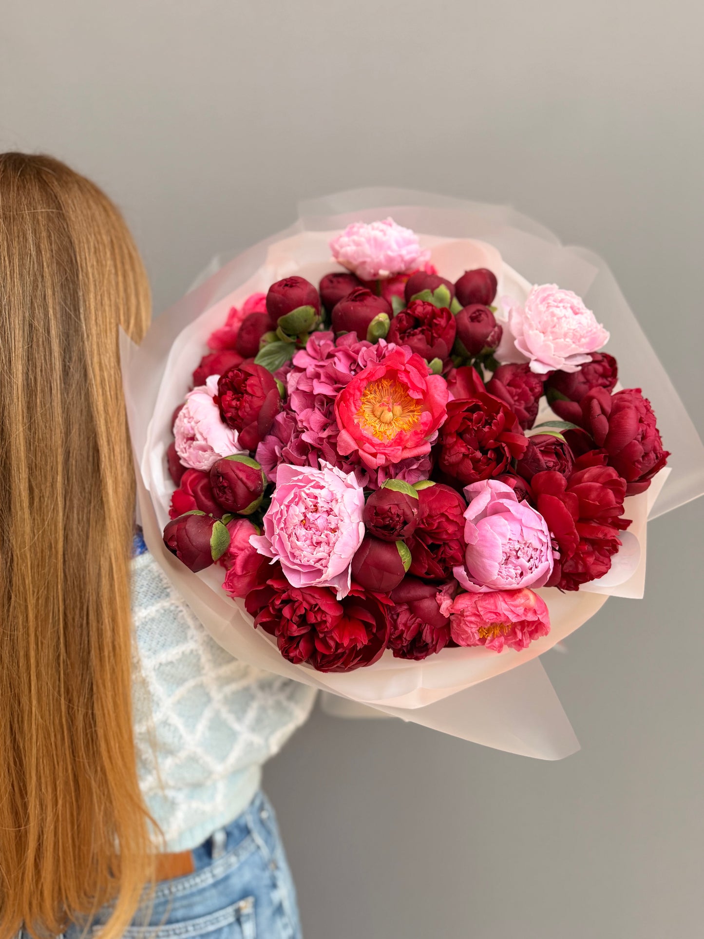 Luxury artisan flower bouquet with deep burgundy and soft pink premium peonies and pink hydrangea by Lapin Flowers, upscale floral delivery in Maryland, Washington DC, and Northern Virginia.⁠