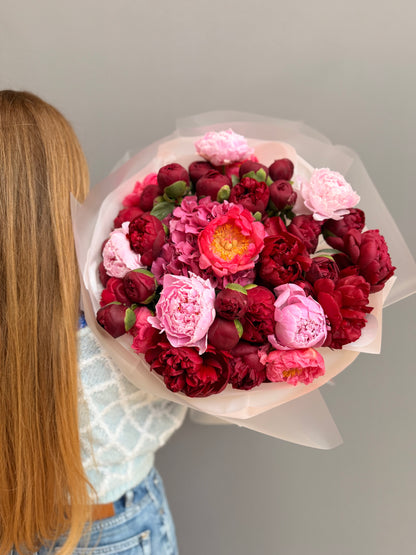 Luxury artisan flower bouquet with deep burgundy and soft pink premium peonies and pink hydrangea by Lapin Flowers, upscale floral delivery in Maryland, Washington DC, and Northern Virginia.⁠