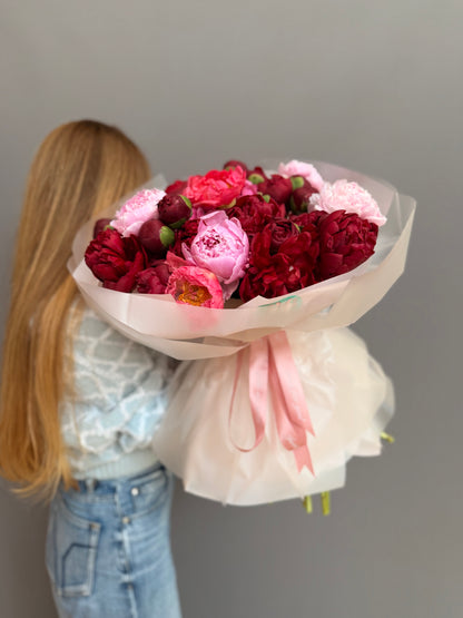 Luxury artisan flower bouquet with deep burgundy and soft pink premium peonies and pink hydrangea by Lapin Flowers, upscale floral delivery in Maryland, Washington DC, and Northern Virginia.⁠