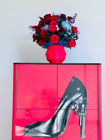 Face It Crimson Allure luxury red rose arrangement in modern interior luxury flower delivery McLean VA Georgetown Washington DC by Lapin Flowers⁠