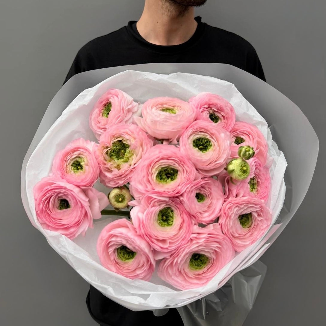 Extra-large luxury artisan mono bouquet featuring premium pink Cloni ranunculus with green centers wrapped in crisp white tissue and frosted matte paper held by a person by Lapin Flowers. Upscale elite floral delivery for Bethesda MD and Washington DC.⁠