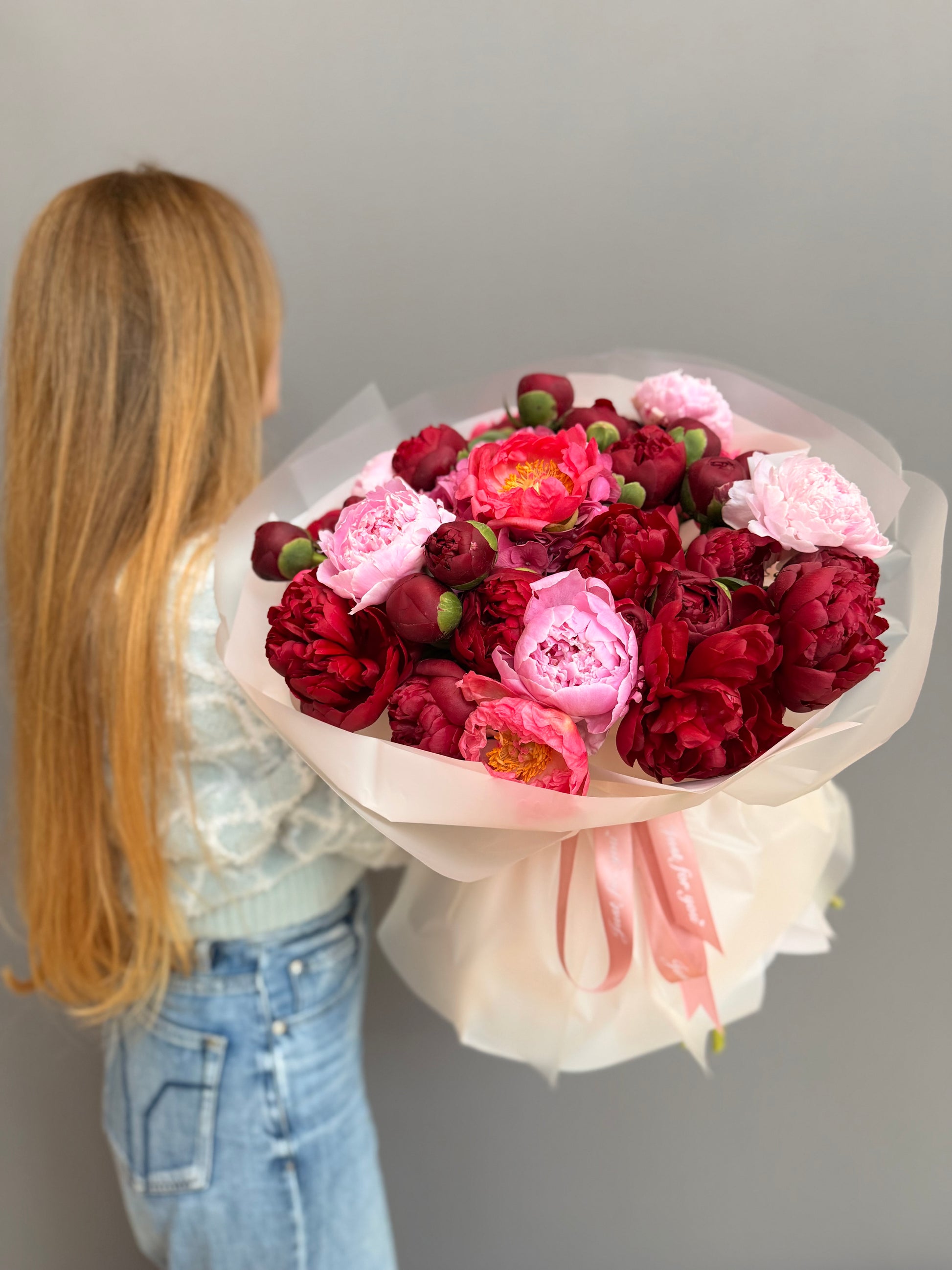 Luxury artisan flower bouquet with deep burgundy and soft pink premium peonies and pink hydrangea by Lapin Flowers, upscale floral delivery in Maryland, Washington DC, and Northern Virginia.⁠