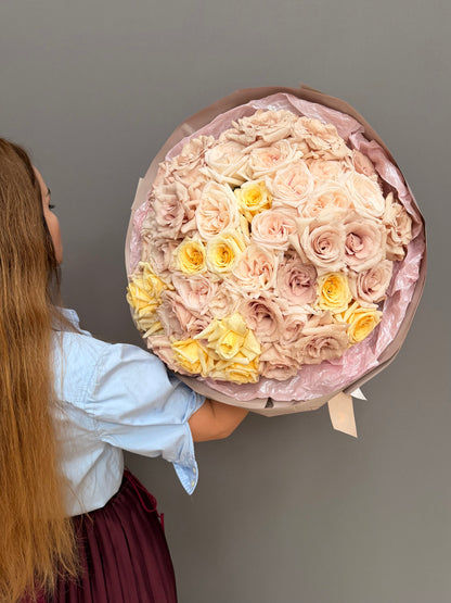 Extra-large luxury artisan flower bouquet featuring antique nude, dusty coffee, and soft yellow premium garden roses wrapped in a smoky-taupe veil by Lapin Flowers. Upscale floral art for delivery in Maryland, Washington DC, and Virginia.⁠