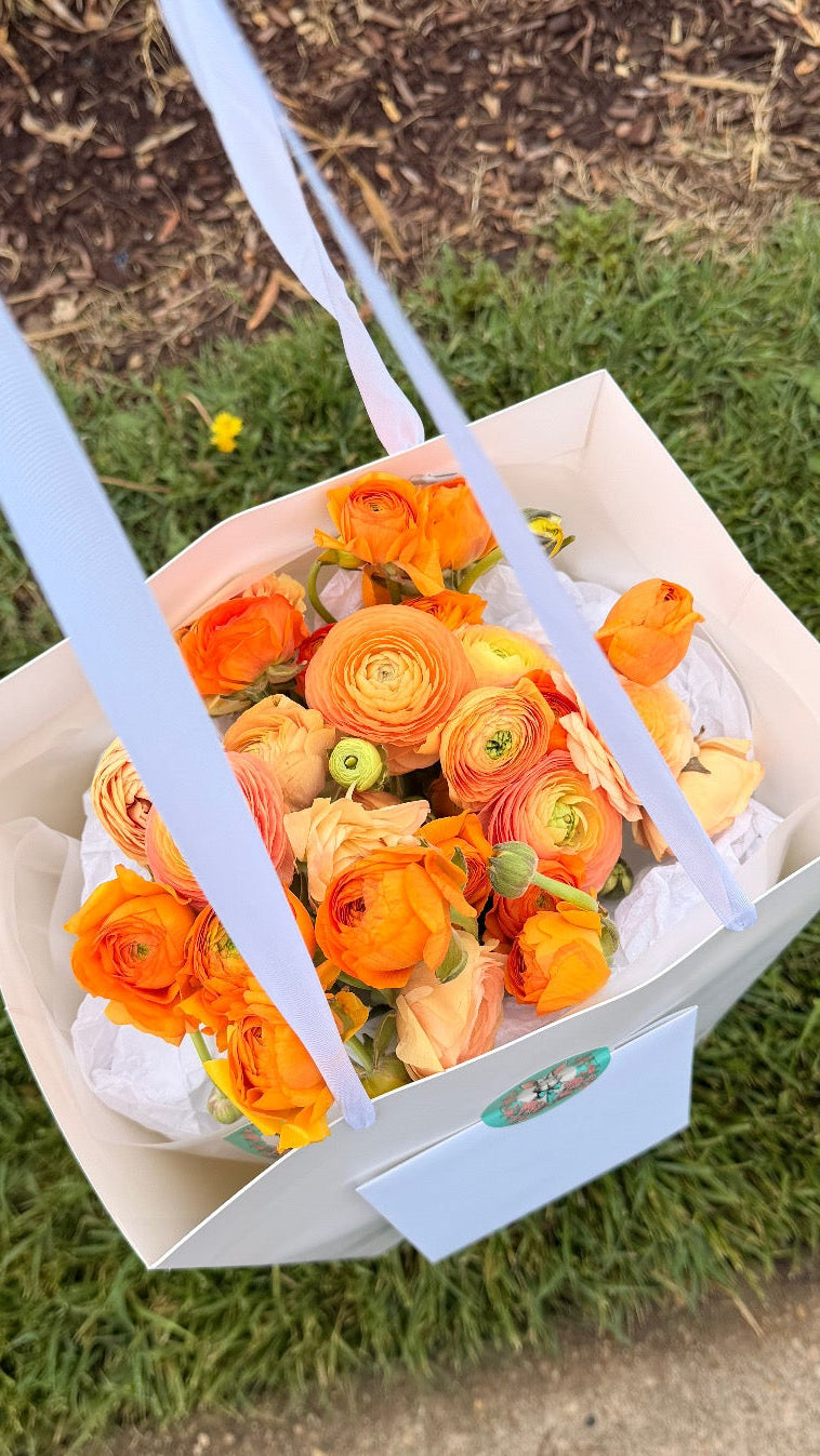 Luxury monochrome flower bouquet with 30 orange and peach ranunculus in a premium white gift bag with handles by Lapin Flowers. Upscale chic flower delivery for Bethesda Maryland and Washington DC.
