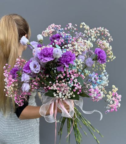 Rainbow Cotton Candy. Carnation & Lisianthus, Rainbow Gypsophillia.