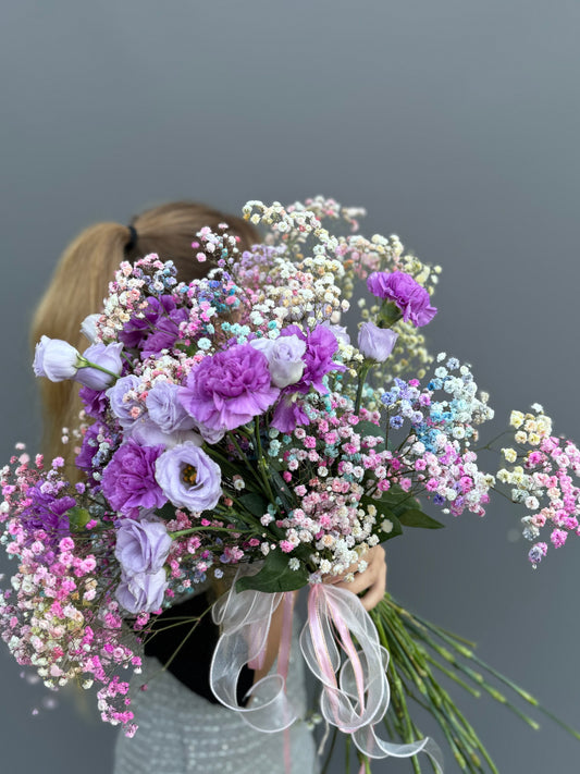 Rainbow Cotton Candy. Carnation & Lisianthus, Rainbow Gypsophillia.