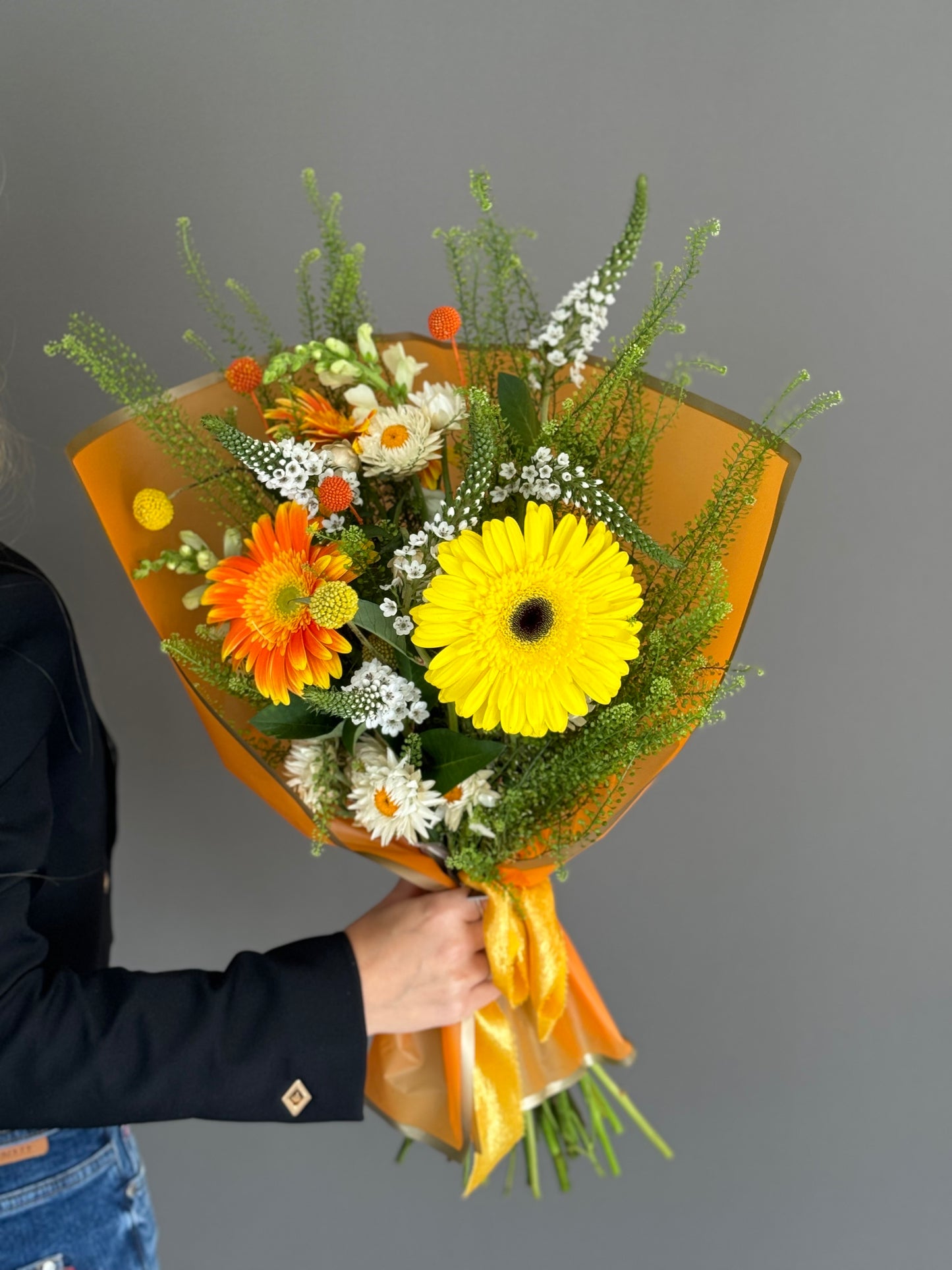 Sunny Bunny. Strawflower, Gerbera, Billy Balls, Tree Fern.