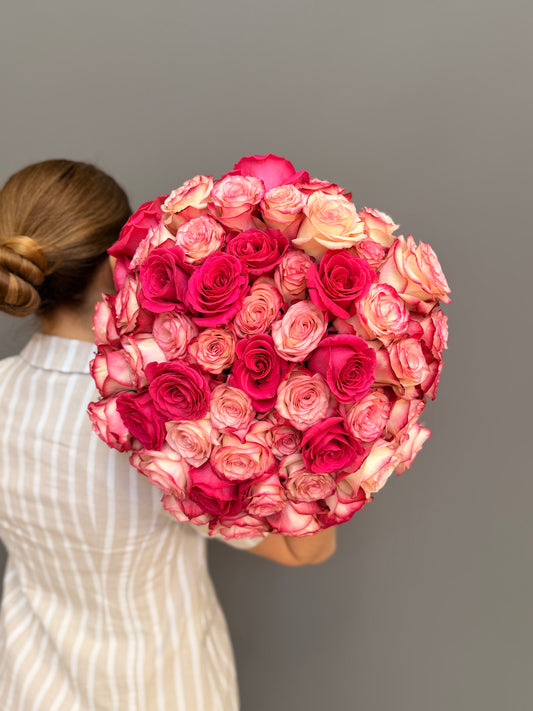Extra-large luxury artisan flower bouquet featuring a dense dome of premium hot pink and cream-rose bicolor Ecuadorian roses by Lapin Flowers. Upscale grand floral delivery for Bethesda Maryland, Potomac, and Washington DC.⁠