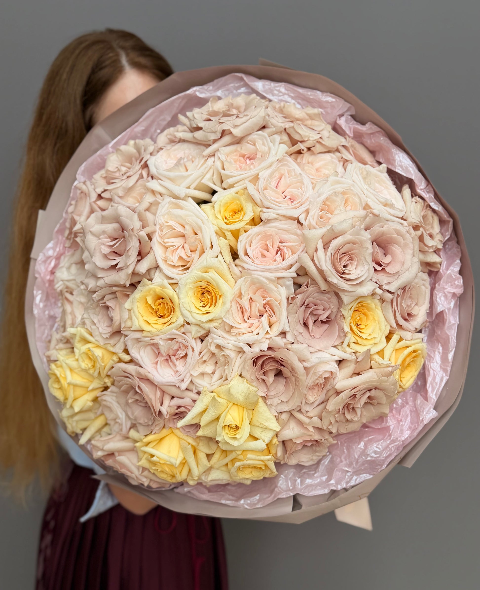 Extra-large luxury artisan flower bouquet featuring antique nude, dusty coffee, and soft yellow premium garden roses wrapped in a smoky-taupe veil by Lapin Flowers. Upscale floral art for delivery in Maryland, Washington DC, and Virginia.⁠