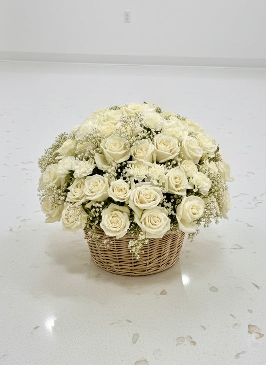 Moonlight Elegance I Premium White Rose & Baby's Breath Basket