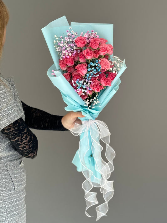 Pink Spray Roses, dozen of stems, Rainbow Gypsophillia