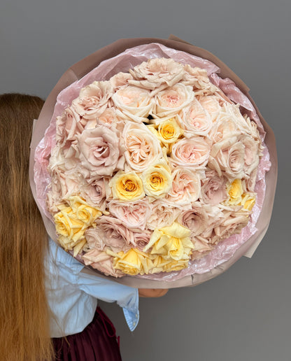 Extra-large luxury artisan flower bouquet featuring antique nude, dusty coffee, and soft yellow premium garden roses wrapped in a smoky-taupe veil by Lapin Flowers. Upscale floral art for delivery in Maryland, Washington DC, and Virginia.⁠
