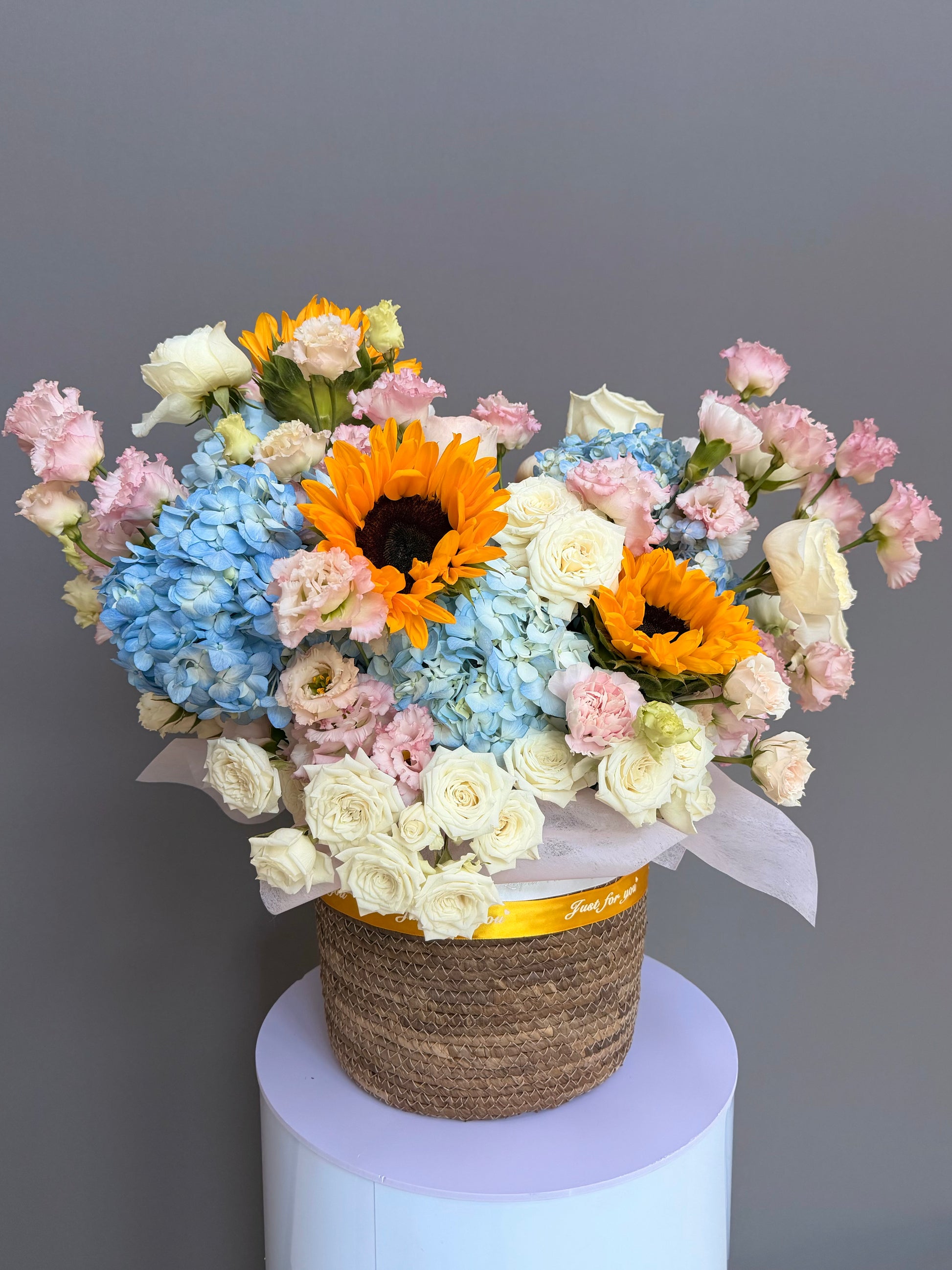 Tuscan Sunrise Basket luxury sunflower and blue hydrangea arrangement delivery Potomac MD Bethesda McLean Lapin Flowers