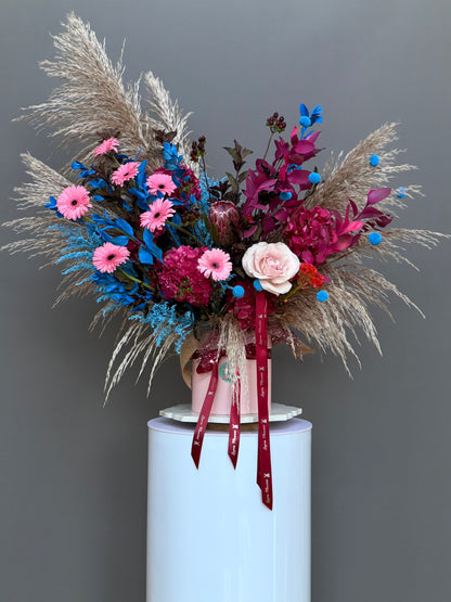 Bohemian Rhapsody exotic king protea and pampas grass luxury flower box delivery Potomac MD Bethesda McLean Washington DC Lapin Flowers