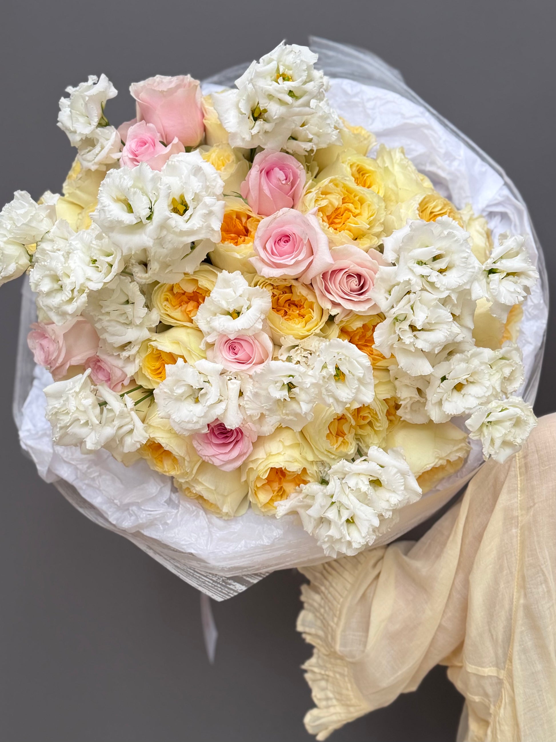 Vanilla Serenade large pastel garden rose and white lisianthus bouquet in luxury Korean wrapping delivery Potomac MD Bethesda McLean Lapin Flowers⁠